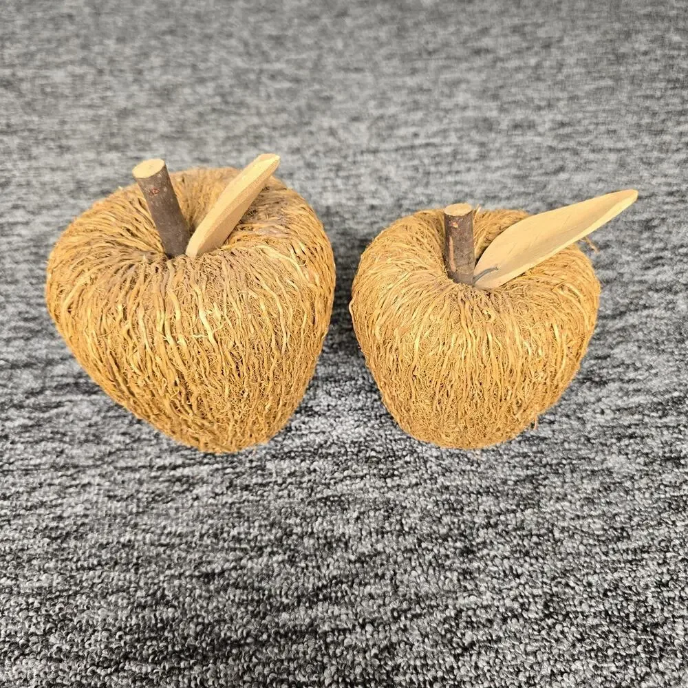 2 Rustic Decorative Apple Figurines Crafted Woven Natural Fibers & Twig Stem
